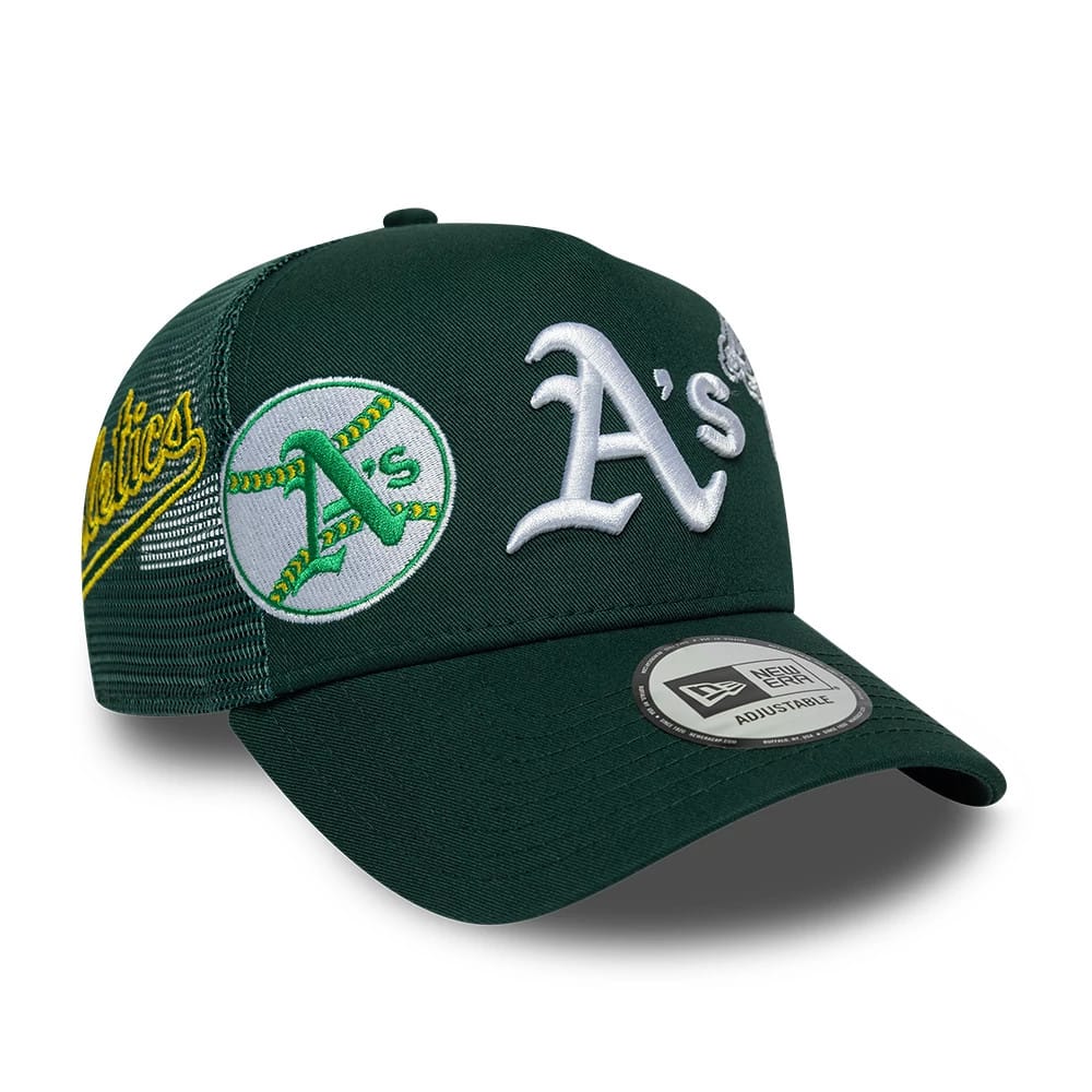Pictured is this MLB Patch Athletics 9FORTY A-Frame Trucker cap in dark green. 1