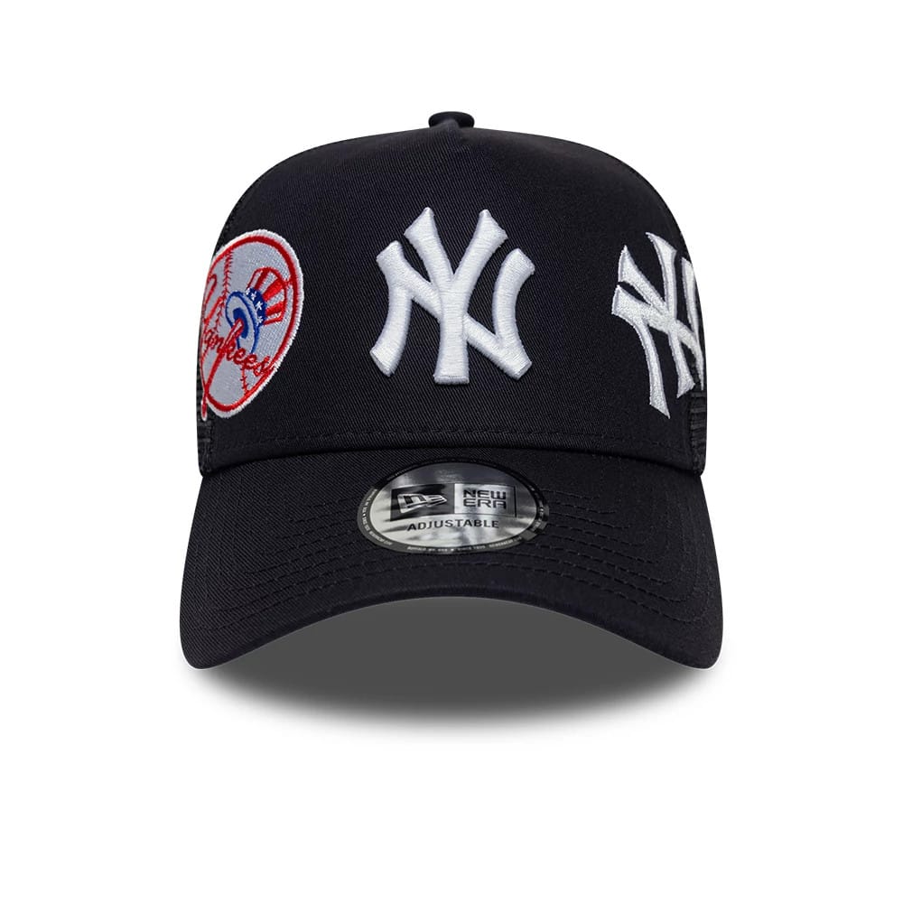 Pictured is this MLB Patch New York Yankees 9FORTY A-Frame Trucker cap in navy. 2