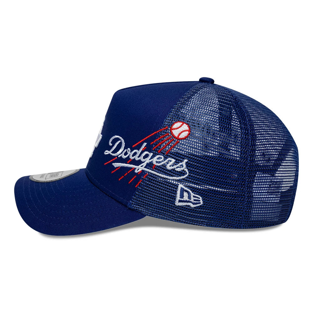 Pictured is this MLB Patch LA Dodgers 9FORTY A-Frame Trucker cap in dark blue. 4