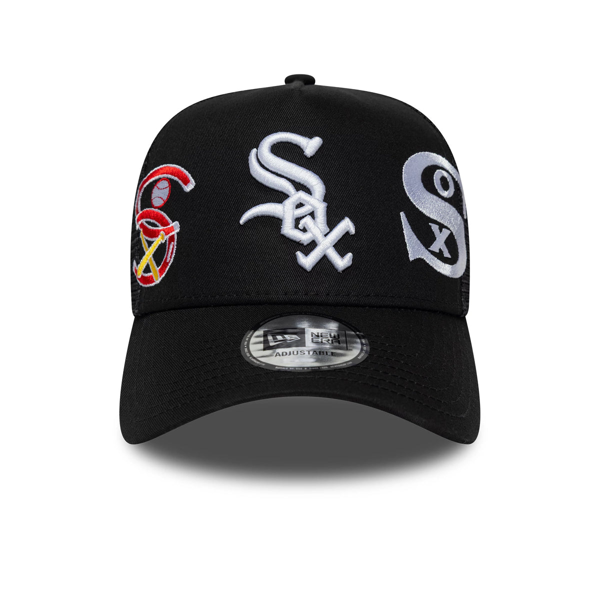 Chicago White Sox MLB Patch Black New Era 9FORTY A-Frame Trucker Adjustable Cap, front view showing raised white embroidered Sox logo on the front panel, colourful side patch logo, and a white New Era 9FORTY size sticker on the curved black visor.