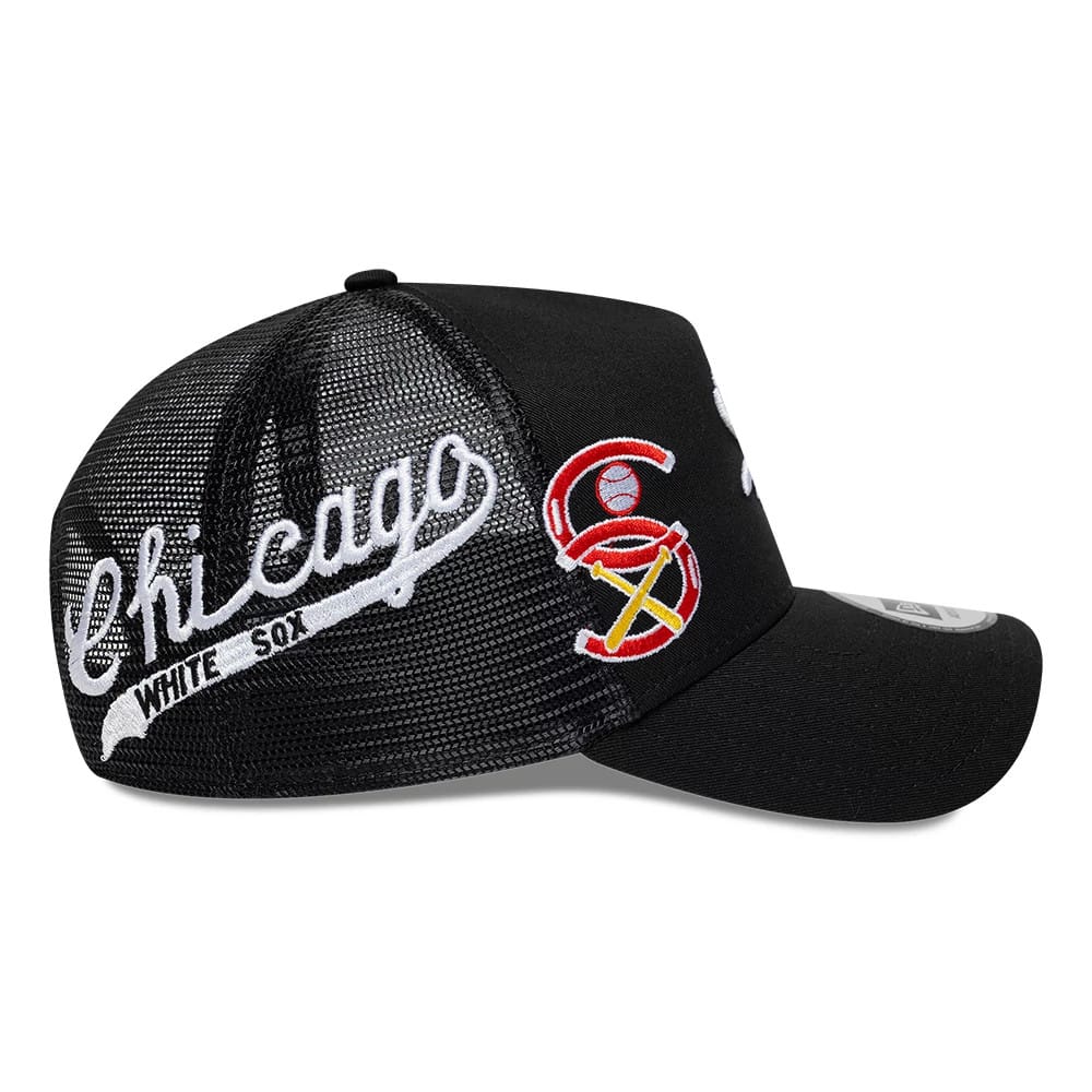Pictured is this MLB Patch Chicago White Sox 9FORTY A-Frame Trucker cap in black. 4