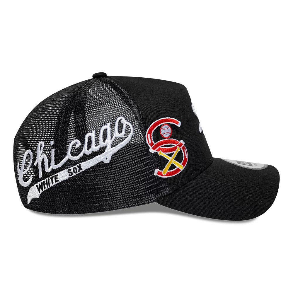 Chicago White Sox MLB Patch Black New Era 9FORTY A-Frame Trucker Adjustable Cap, side view showing the raised white Chicago script and Sox logo in red and white embroidery on the black mesh panels, with a structured black visor.