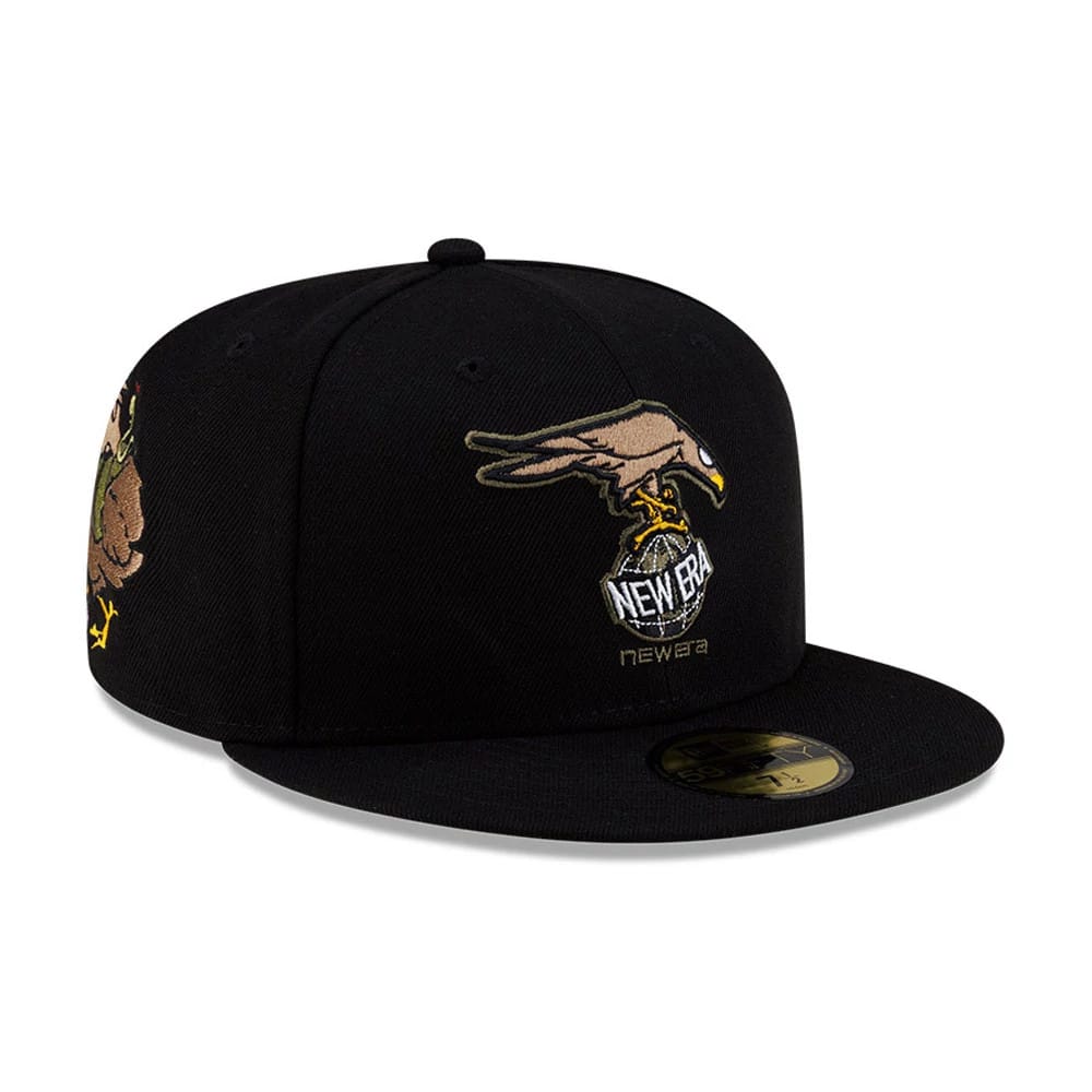 Roji Soccer Black New Era 59FIFTY Fitted Cap, three-quarter view showing a detailed embroidered eagle logo on the black front panel clutching New Era text in its talons, complemented by a black flat visor with a gold 59FIFTY size sticker.