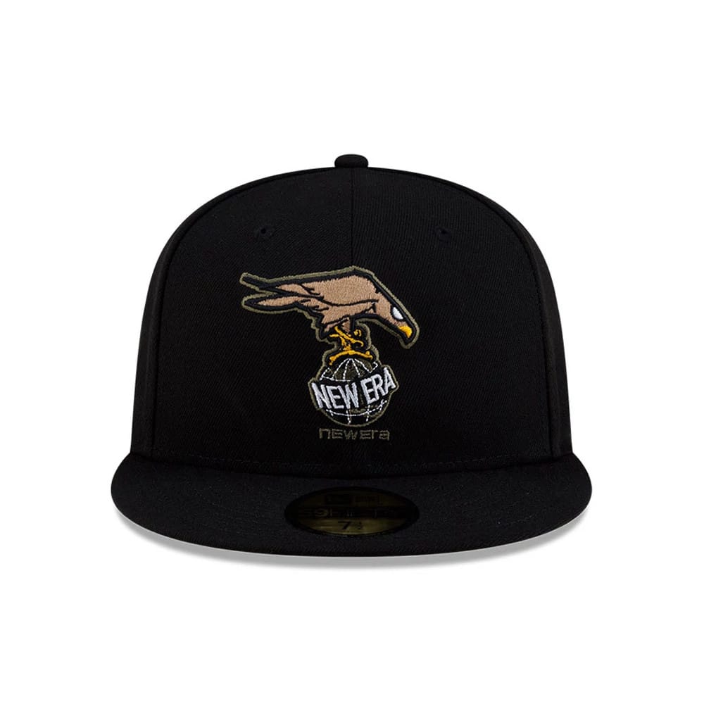 Roji Soccer Black New Era 59FIFTY Fitted Cap, front view showing a raised embroidered graphic of a bird holding a football with a New Era logo on the front panel, set on a black structured crown with a flat black visor.