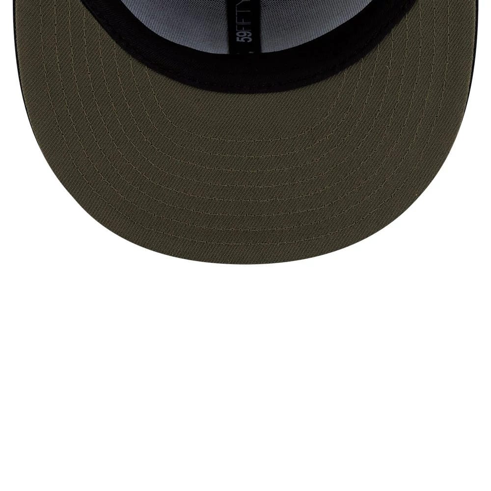 Roji Soccer Black New Era 59FIFTY Fitted Cap, inside view showing the black sweatband with a 59FIFTY label, grey interior panels, and a military green undervisor with neat parallel stitching across its surface.