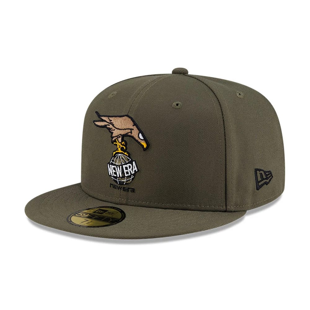 Roji Soccer Green New Era 59FIFTY Fitted Cap, three-quarter view showing a raised embroidered logo of a hand holding a New Era globe on the front panel, with a flat visor and a black New Era flag logo on the left side.