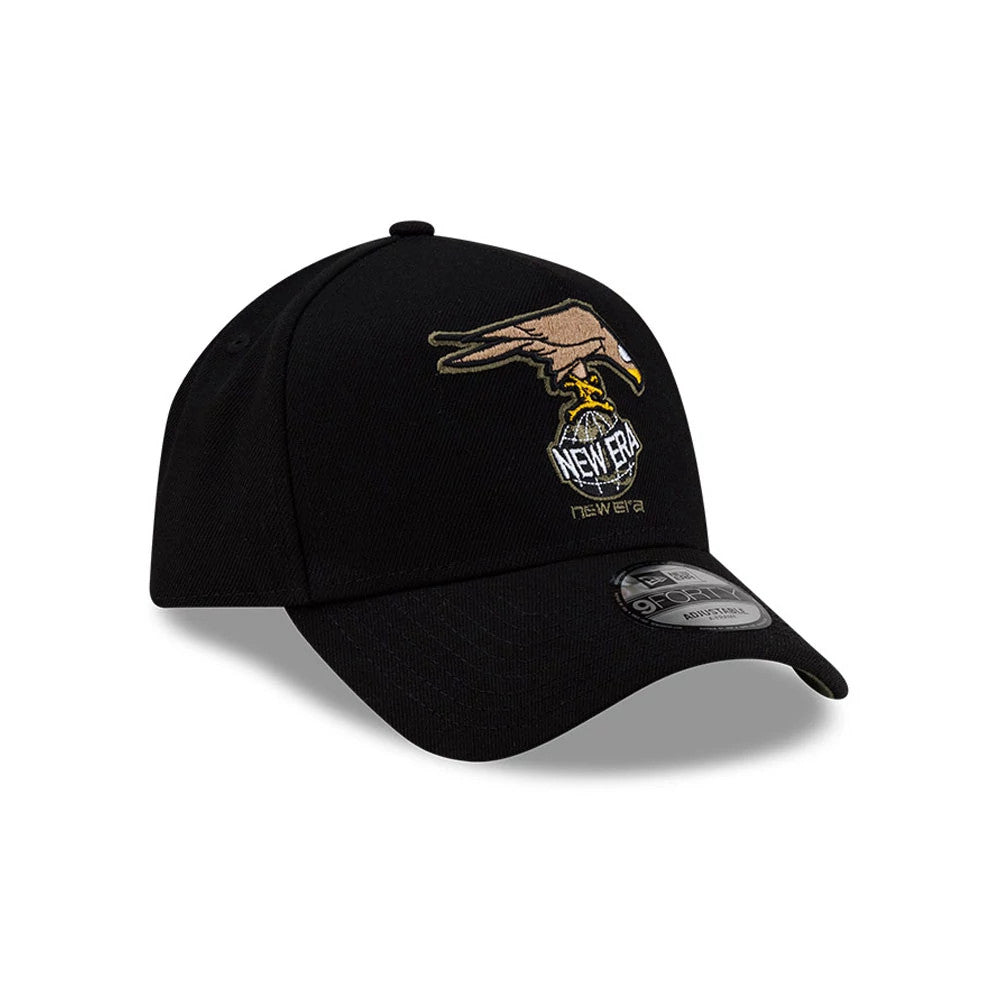Roji Soccer Black New Era 9FORTY A-Frame Adjustable Cap, three-quarter view showing an eagle holding a New Era globe logo in raised embroidery on the front panel, black curved visor with a 9FORTY size sticker, and structured black crown.