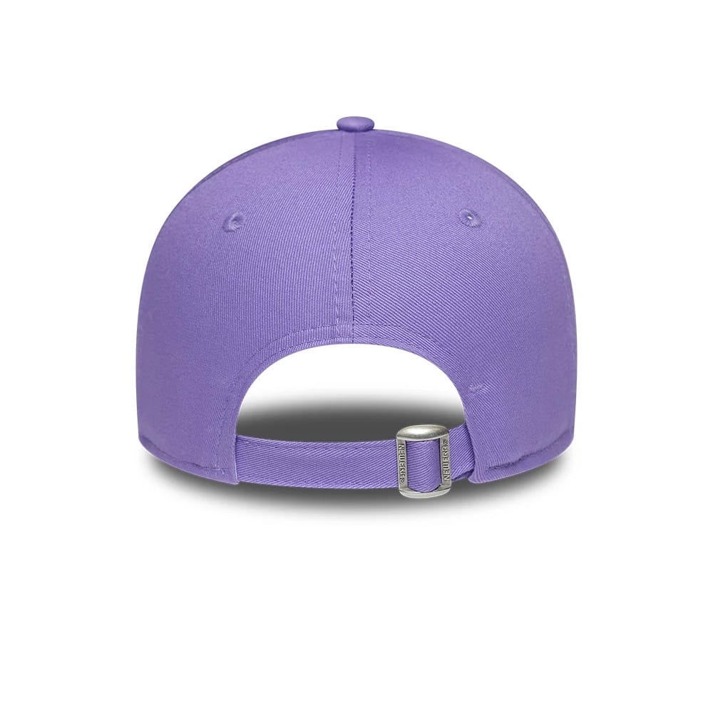 Womens Lacoste X New Era Purple 9FORTY Adjustable Cap, rear view showing the unstructured purple crown with embroidered eyelets, and a silver buckle on the adjustable strap, offering a clean finish at the back.
