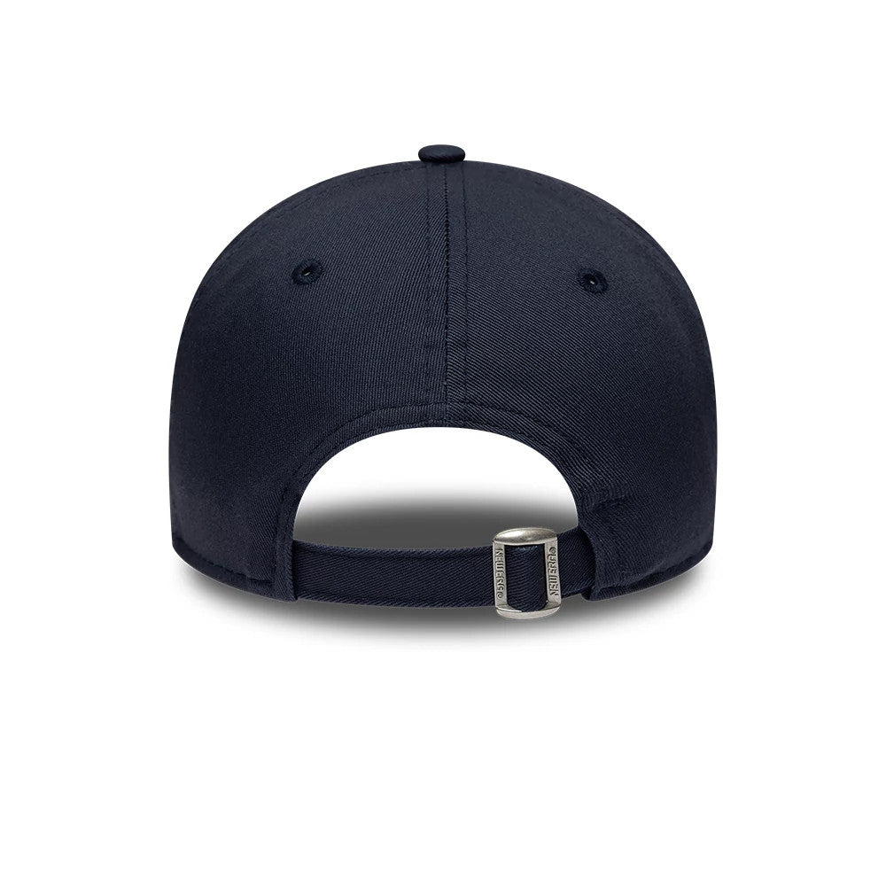 Lacoste X New Era Dark Blue 9TWENTY Adjustable Cap, rear view showing a buckle on the dark blue adjustable strap, two black embroidered eyelets on the unstructured crown, and a small top button matching the overall cap colour.