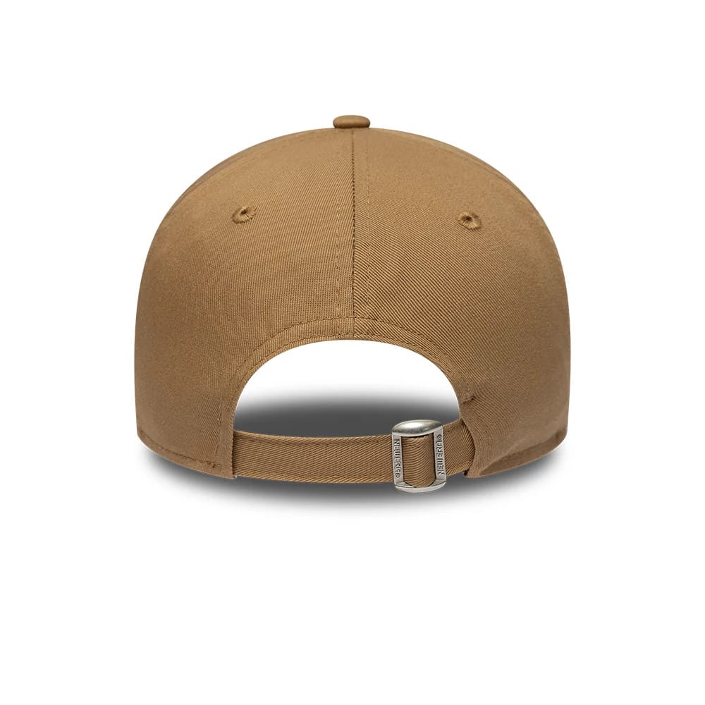 Lacoste X New Era Beige 9TWENTY Adjustable Cap, rear view showing an arched opening above the adjustable strap with a clasp, set on a soft beige unstructured crown with matching stitched eyelets and a top button.