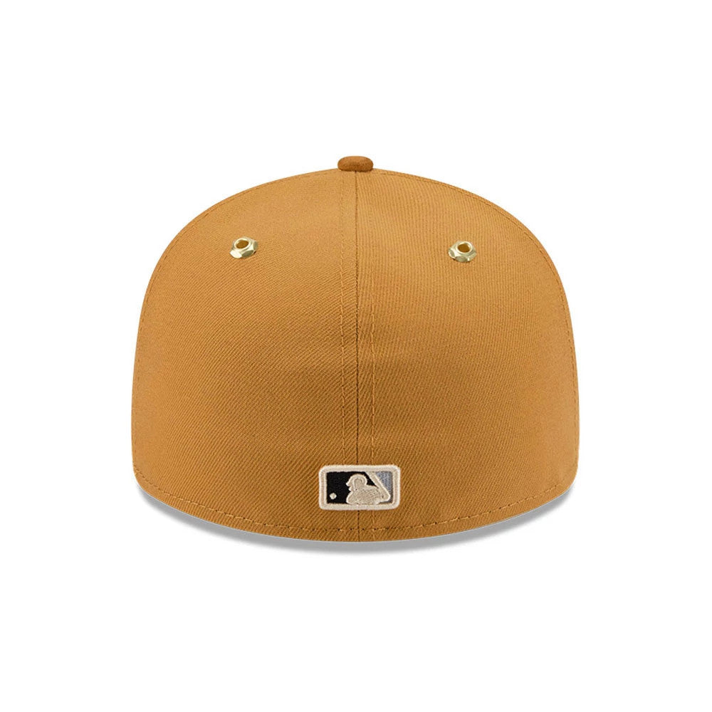 Chicago White Sox Timberland X MLB Panama Tan New Era 59FIFTY Fitted Cap, rear view showing the MLB Batterman logo in a light colour at the centre back of the tan crown, with gold eyelets and a matching top button.