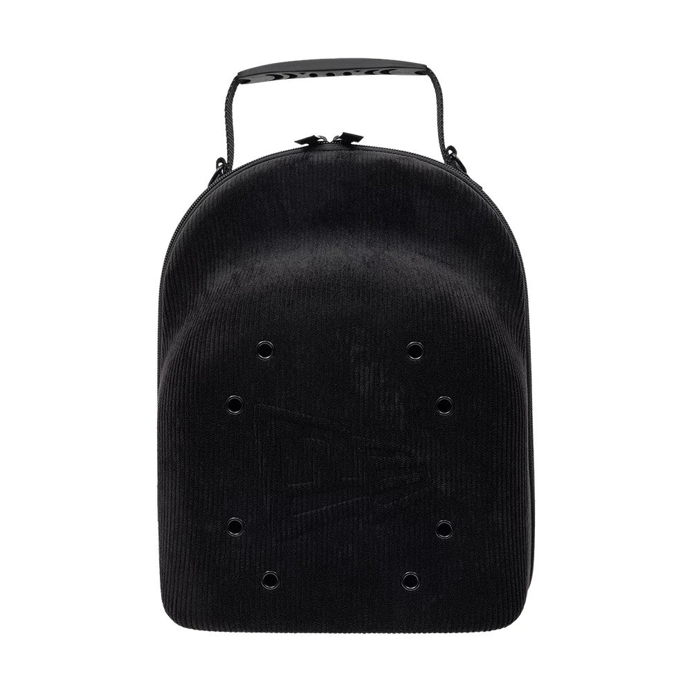 New Era Cord Black 6Pk 59FIFTY Cap Carrier, front view showing the structured black cord exterior with circular eyelets across the surface, a debossed New Era logo beneath, and a carry handle attached at the top.