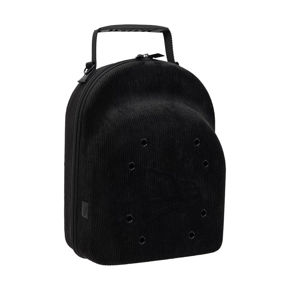 New Era Cord Black 6Pk 59FIFTY Cap Carrier, three-quarter view showcasing the textured black corduroy exterior with eyelets on the curved front, a debossed New Era logo near the base, and a zip closure at the top adjacent to the handle.
