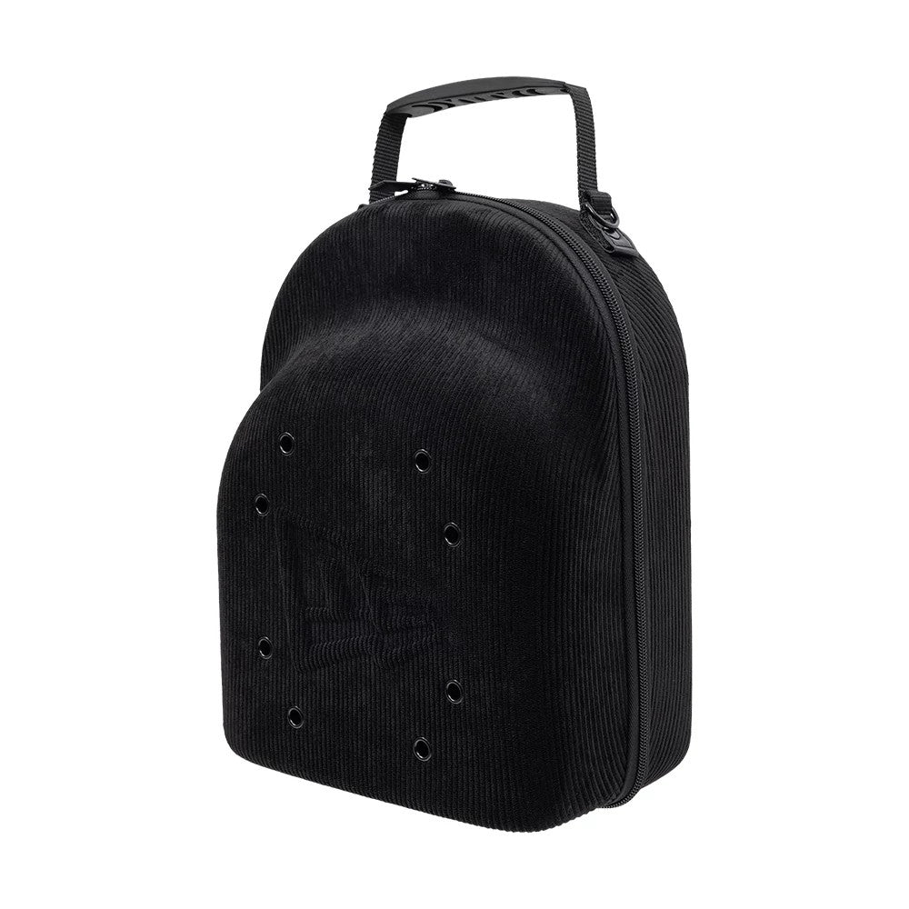 New Era Cord Black 6Pk 59FIFTY Cap Carrier, three-quarter view showing the textured black exterior with eyelets on the front, an embroidered New Era logo, and a zip closure with a handle on top.