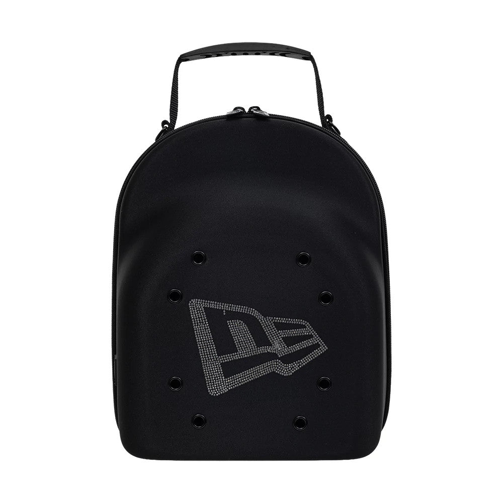 New Era Rhinestone Black 6Pk 59FIFTY Cap Carrier, front view showing a rhinestone-embellished New Era logo centrally positioned on the black shell, multiple eyelets arranged around the logo, and a carry handle attached on top.