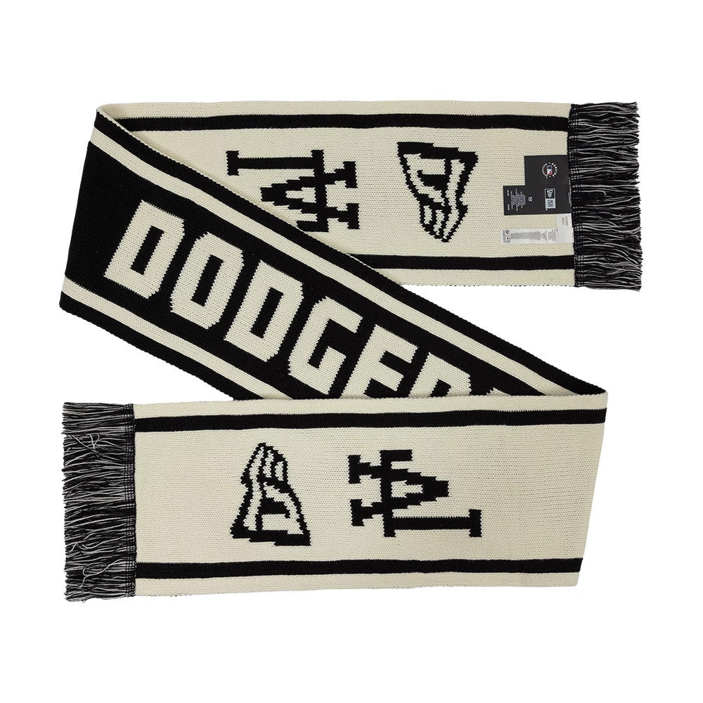 New Era LA Dodgers MLB Chunky Team Black Scarf, front view showing black and cream colour blocks with the Dodgers lettering in the centre, an LA logo on either side, and fringed ends for added style and texture.