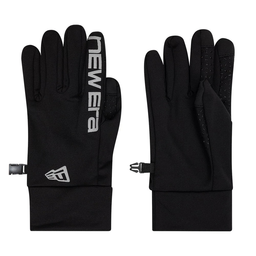 New Era Script Black E-Touch Gloves, front view showing large grey New Era script running down the index finger, New Era flag logo near the cuff, and textured grip pads on the palm side for enhanced functionality.
