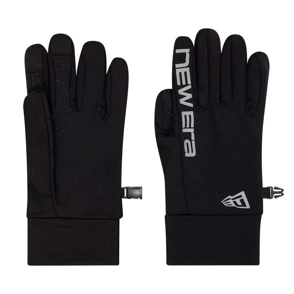 New Era Script Black E-Touch Gloves, front view showing both gloves with precise touchscreen capability, featuring a grey New Era script logo running vertically on the index finger, textured grips on the palms, and snap connectors at the wrists.