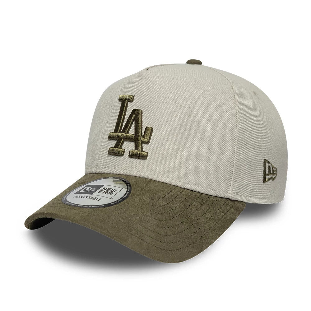 LA Dodgers MLB Suede Visor Light Beige New Era 9FORTY E-Frame Adjustable Cap, three-quarter view showing the olive embroidered LA logo on the front panel, contrasting olive suede visor and matching olive New Era flag logo on the left side.