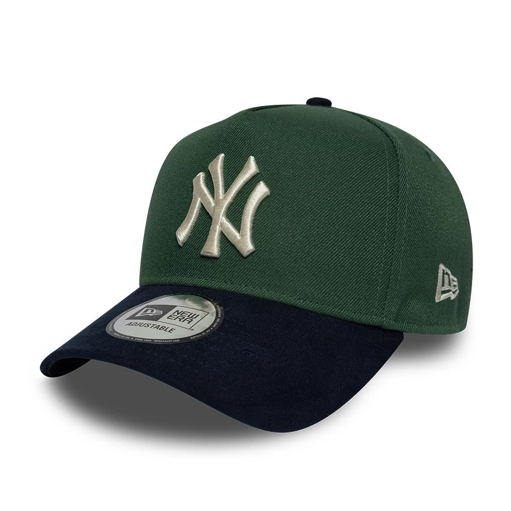 New York Yankees MLB Suede Visor Dark Green New Era 9FORTY E-Frame Adjustable Cap, three-quarter view showing the raised white embroidered NY logo on the front, a dark suede visor with a 9FORTY size sticker.