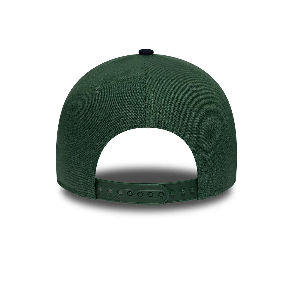 New York Yankees MLB Suede Visor Dark Green New Era 9FORTY E-Frame Adjustable Cap, rear view showing a structured dark green crown with a matching dark green adjustable strap, featuring stitching and a black top button.