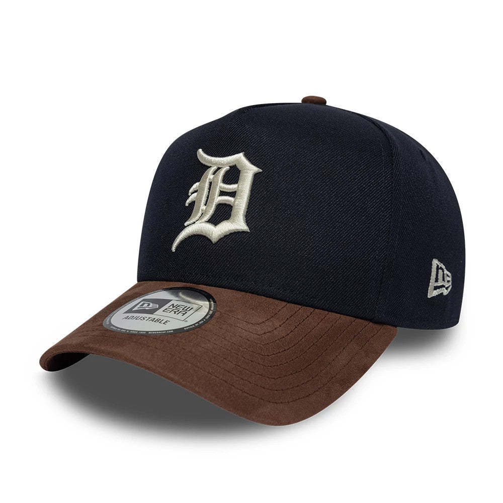 Detroit Tigers MLB Suede Visor Navy New Era 9FORTY E-Frame Adjustable Cap, front view showing a raised white embroidered D logo on the structured navy crown, a brown suede curved visor with an adjustable sticker.