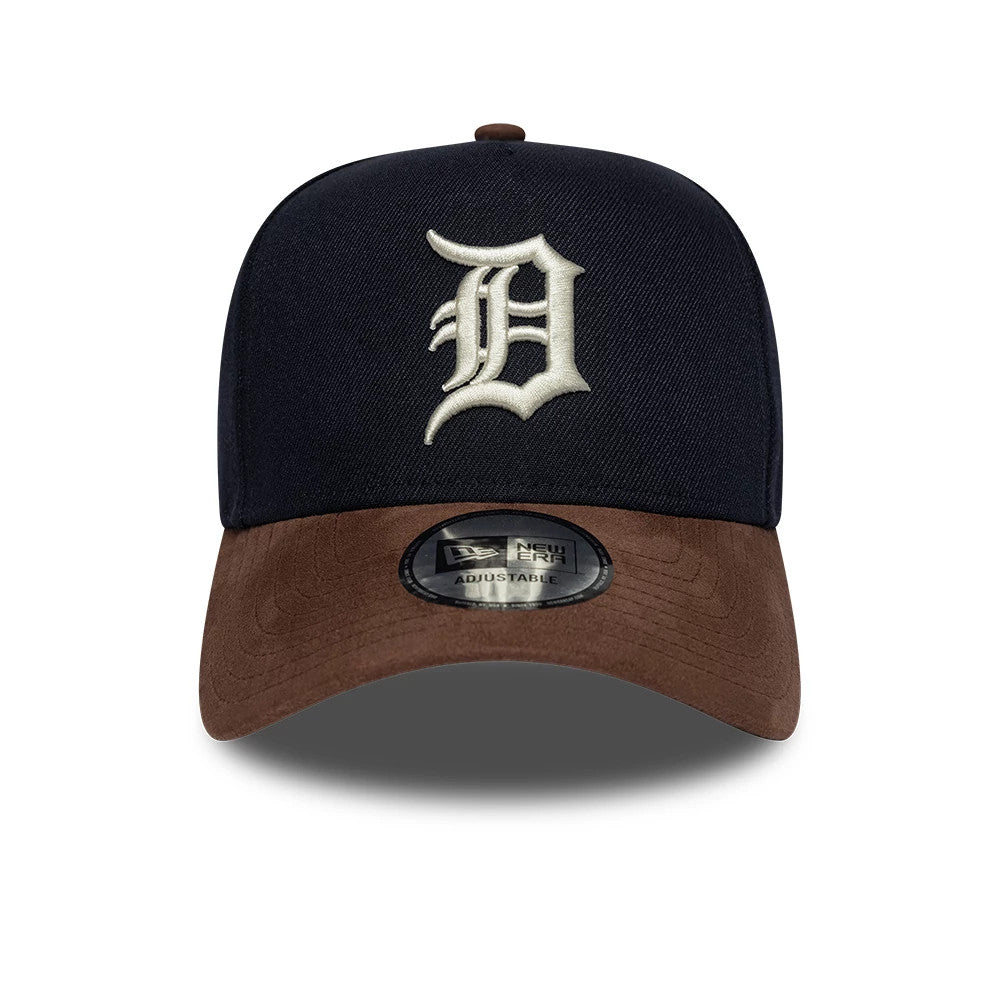 Detroit Tigers MLB Suede Visor Navy New Era 9FORTY E-Frame Adjustable Cap, front view showing the raised white embroidered Detroit Tigers logo on the structured navy crown with a brown suede curved visor and a 9FORTY size sticker.