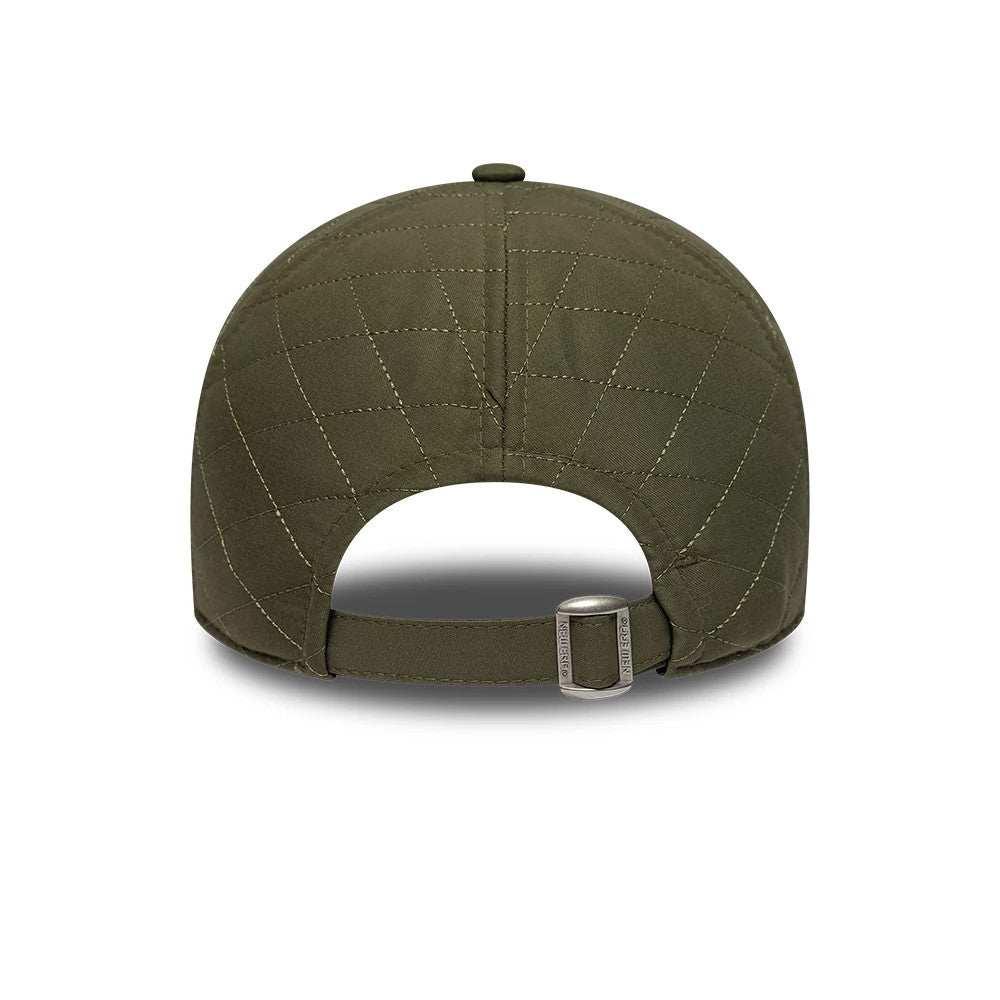 New York Yankees MLB Padded Outline Green New Era 9TWENTY Adjustable Cap, rear view showing the quilted stitching pattern on the green crown, a curved visor at the back opening, and clasp on the adjustable fabric strap for custom fitting.