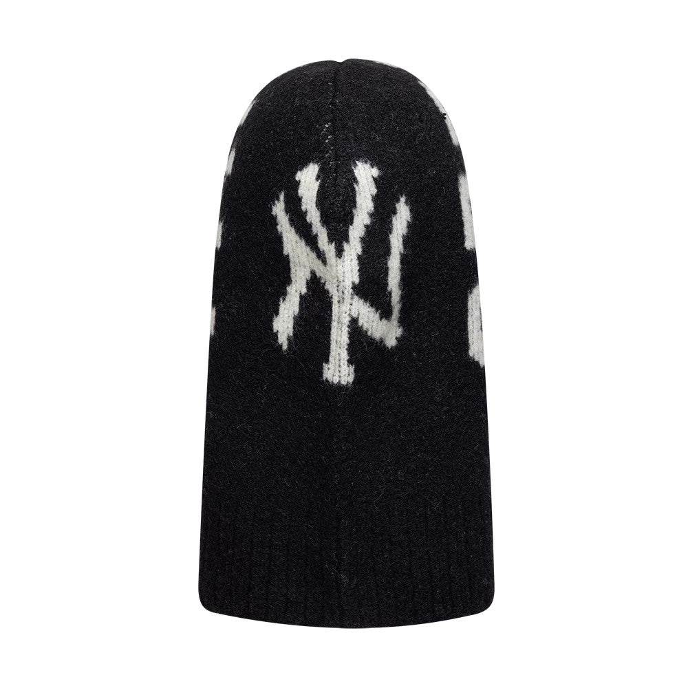 New Era New York Yankees MLB Script Black Balaclava Hat, rear view showing the large white New York Yankees logo knitted into the centre of the cap, with a seamless dark knit pattern and a rounded top.