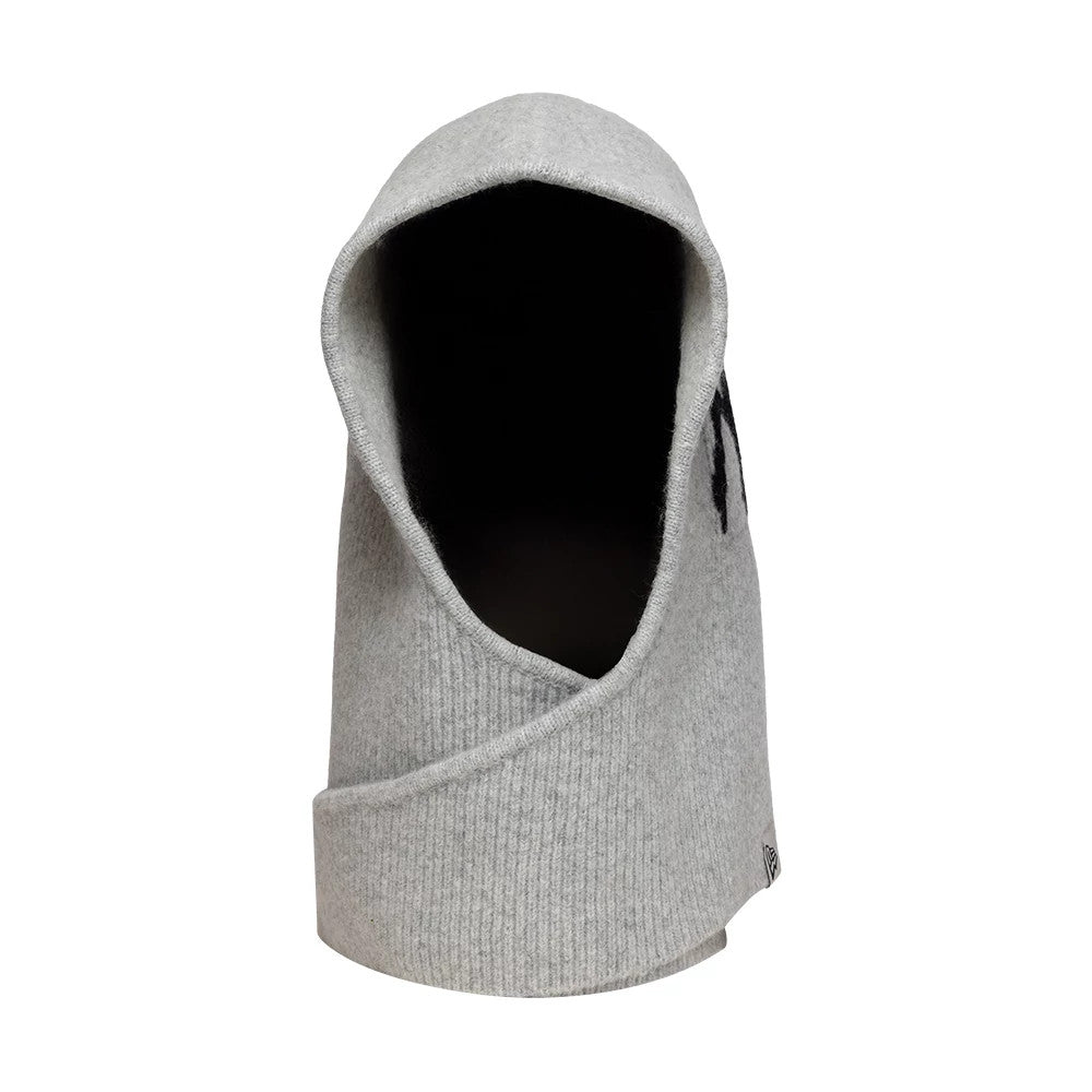 New Era New York Yankees Womens MLB Knitted Grey Balaclava Hat, front view showing the hooded design with a ribbed texture, black Yankees logo on the side, and New Era flag logo near the base, crafted in a light grey knit fabric.