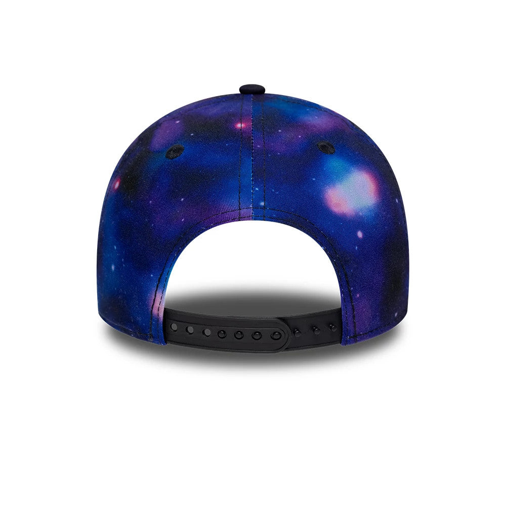 New York Yankees Child MLB All Over Print Black New Era 9FORTY Adjustable Cap, rear view showing a galaxy print covering the structured crown, black top button, and black snapback closure for a customisable fit.