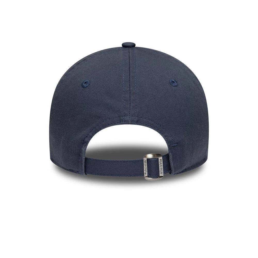 New York Yankees MLB Washed Midi Logo Dark Blue New Era 9TWENTY Adjustable Cap, rear view showing the dark blue fabric with eyelets, curved visor, and an adjustable strap with buckle closure featuring a embossed New Era logo.