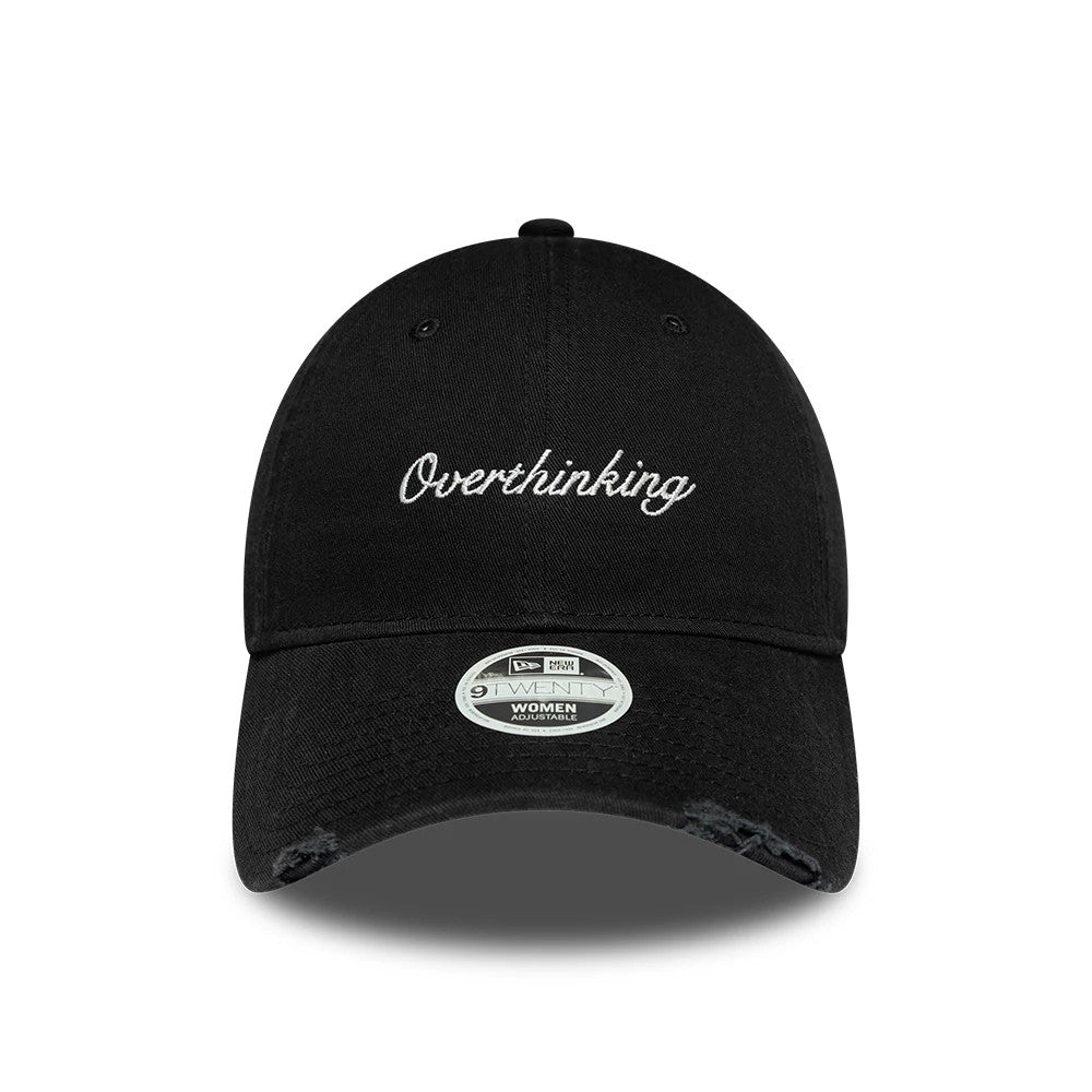 Womens New Era Slogan Black 9TWENTY Adjustable Cap, front view showing the white embroidered Overthinking script centred on the black unstructured crown, with a curved visor and a 9TWENTY size sticker on the visor.