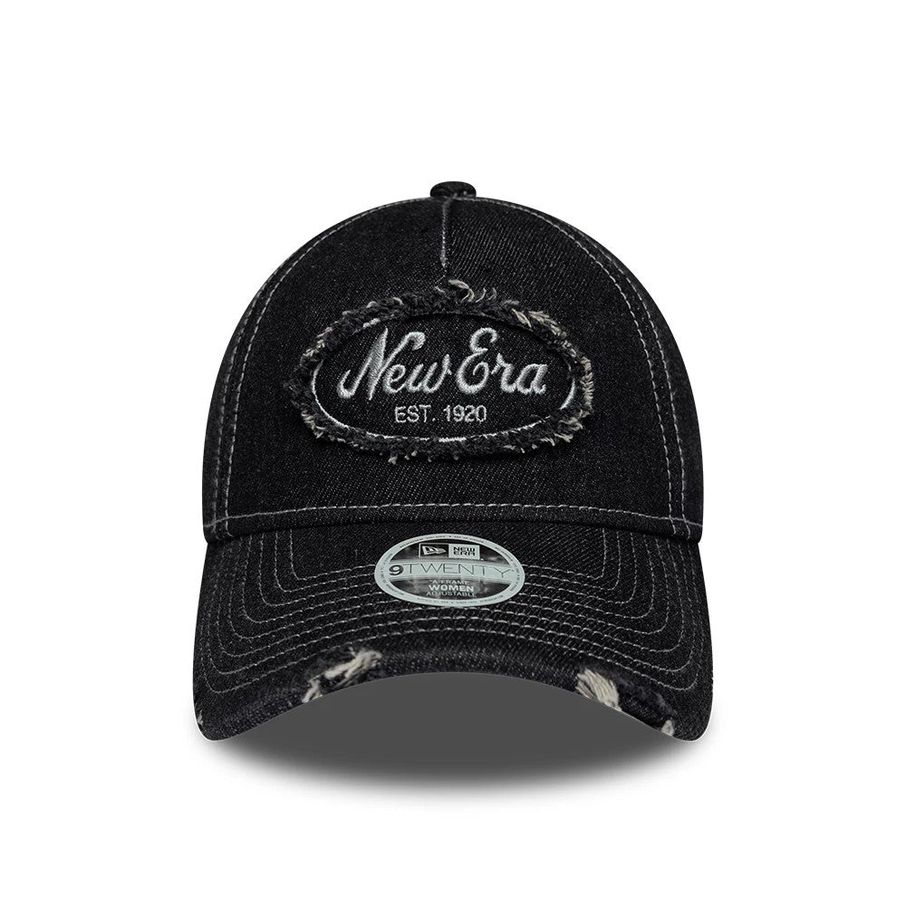 Womens New Era Distress Black 9TWENTY A-Frame Adjustable Cap, front view showing the distressed fabric detail and embroidered New Era logo on the front panel, paired with a curved visor and a 9TWENTY size sticker on the black visor.