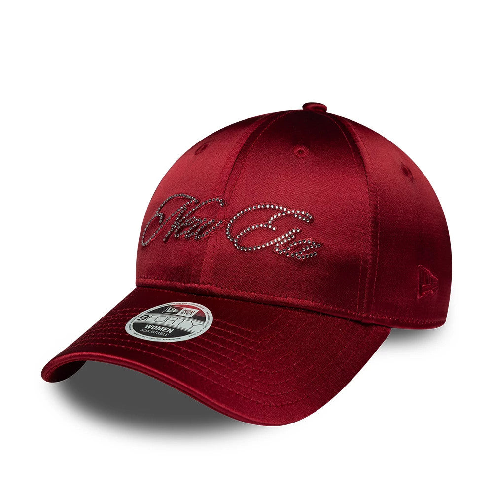 Womens New Era Satin Gem Dark Red 9FORTY Adjustable Cap, front view showing a rhinestone-embellished New Era script logo on the structured dark red satin crown, with a matching curved visor and the 9FORTY size sticker on the top of the visor.