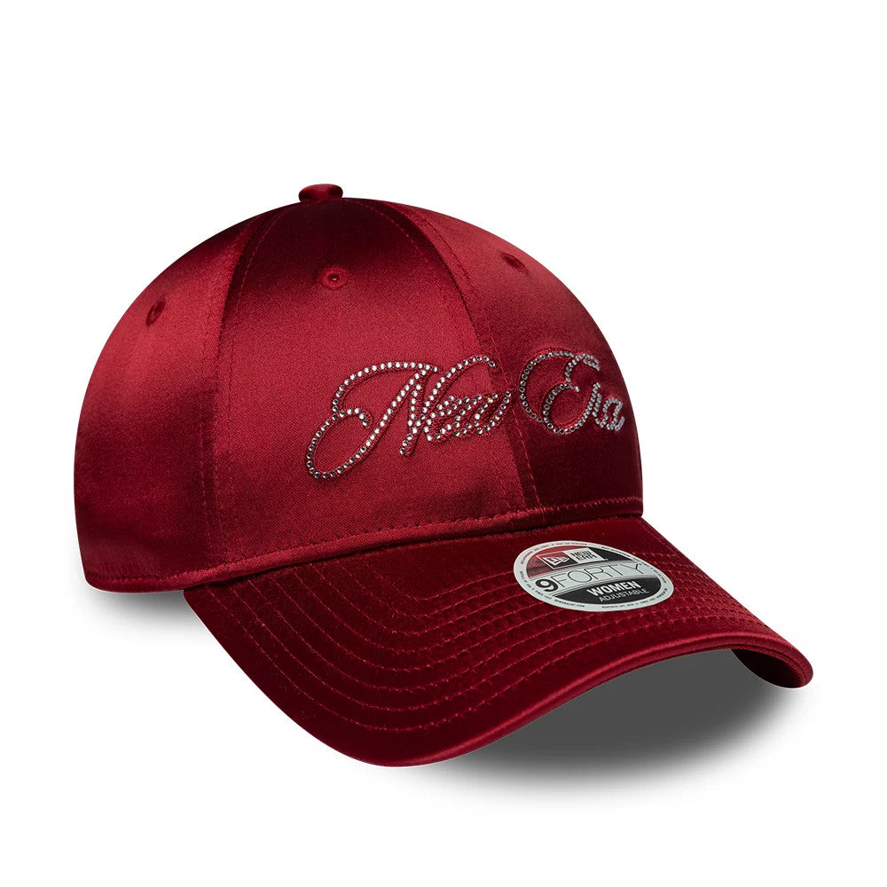 Womens New Era Satin Gem Dark Red 9FORTY Adjustable Cap, front view showing rhinestone-studded New Era script logo on the satin finish crown, matched with a curved dark red visor and a 9FORTY size sticker.
