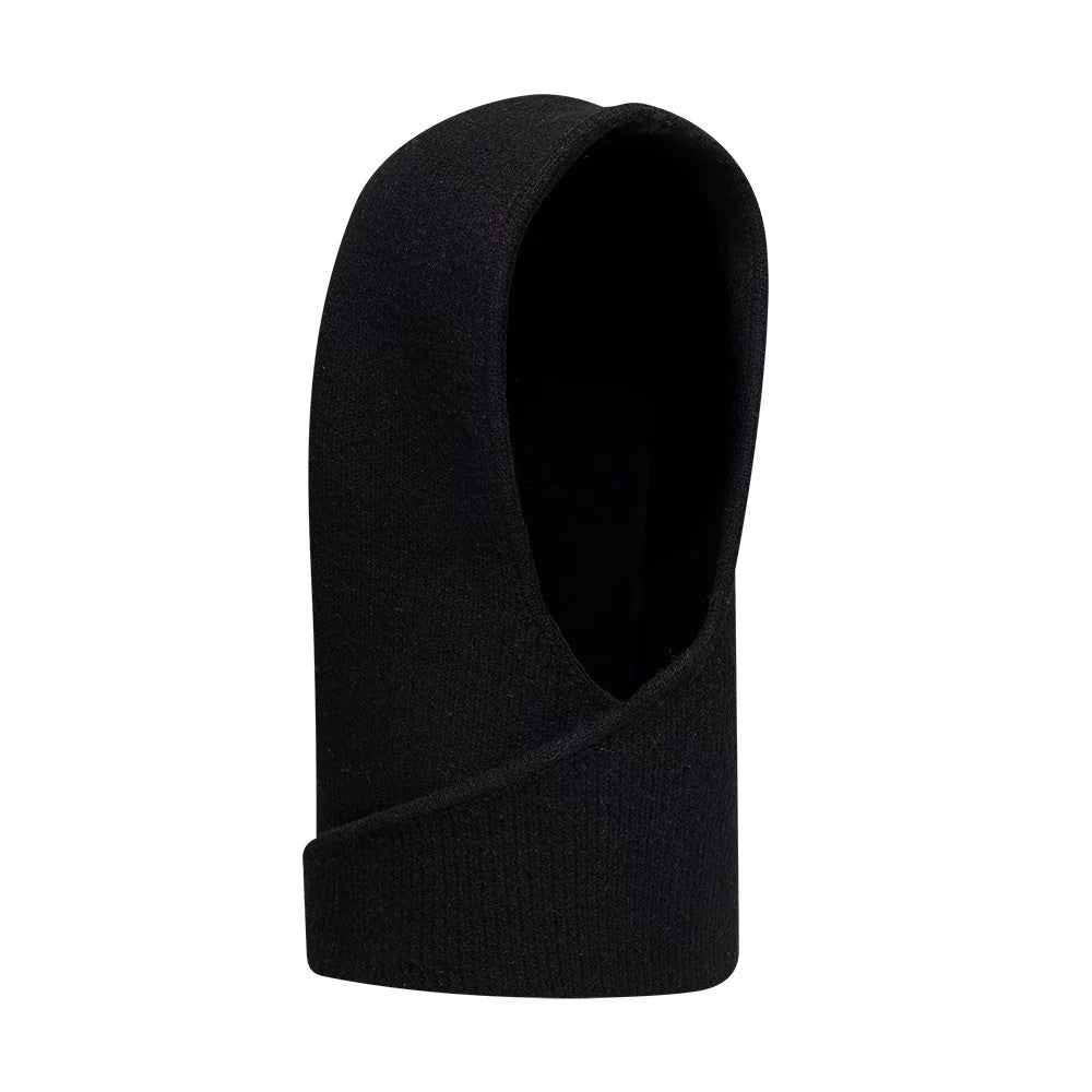 New Era New York Yankees Womens MLB Knitted Black Balaclava Hat, side view showing the black knit construction, elongated hood shape, and seamless design with a snug fit around the neck area.