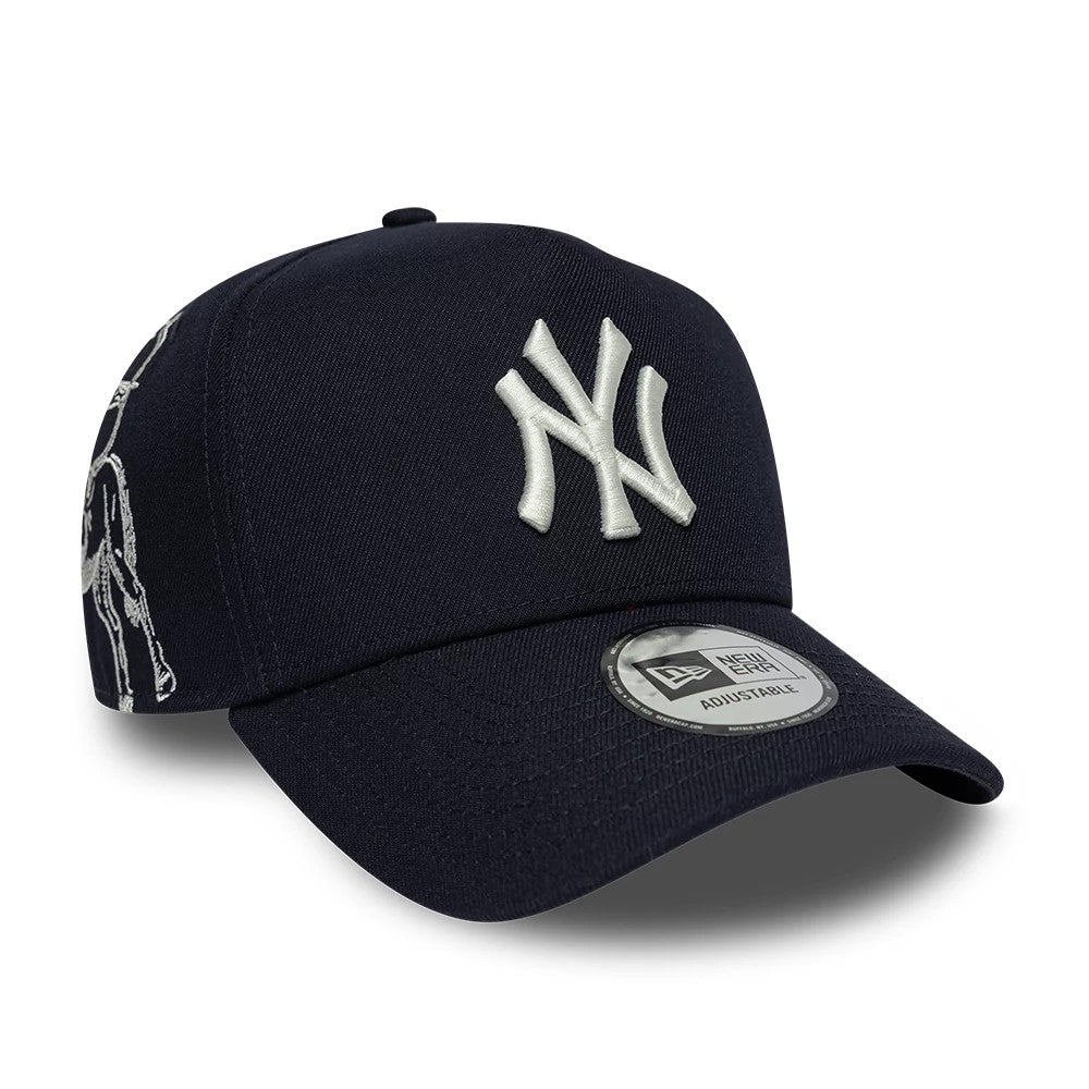New York Yankees MLB Mythical Navy New Era 9FORTY E-Frame Adjustable Cap, three-quarter view showing a raised white NY logo on the front panel, a silver 9FORTY size sticker on the curved navy visor, and white skeletal design on the side.