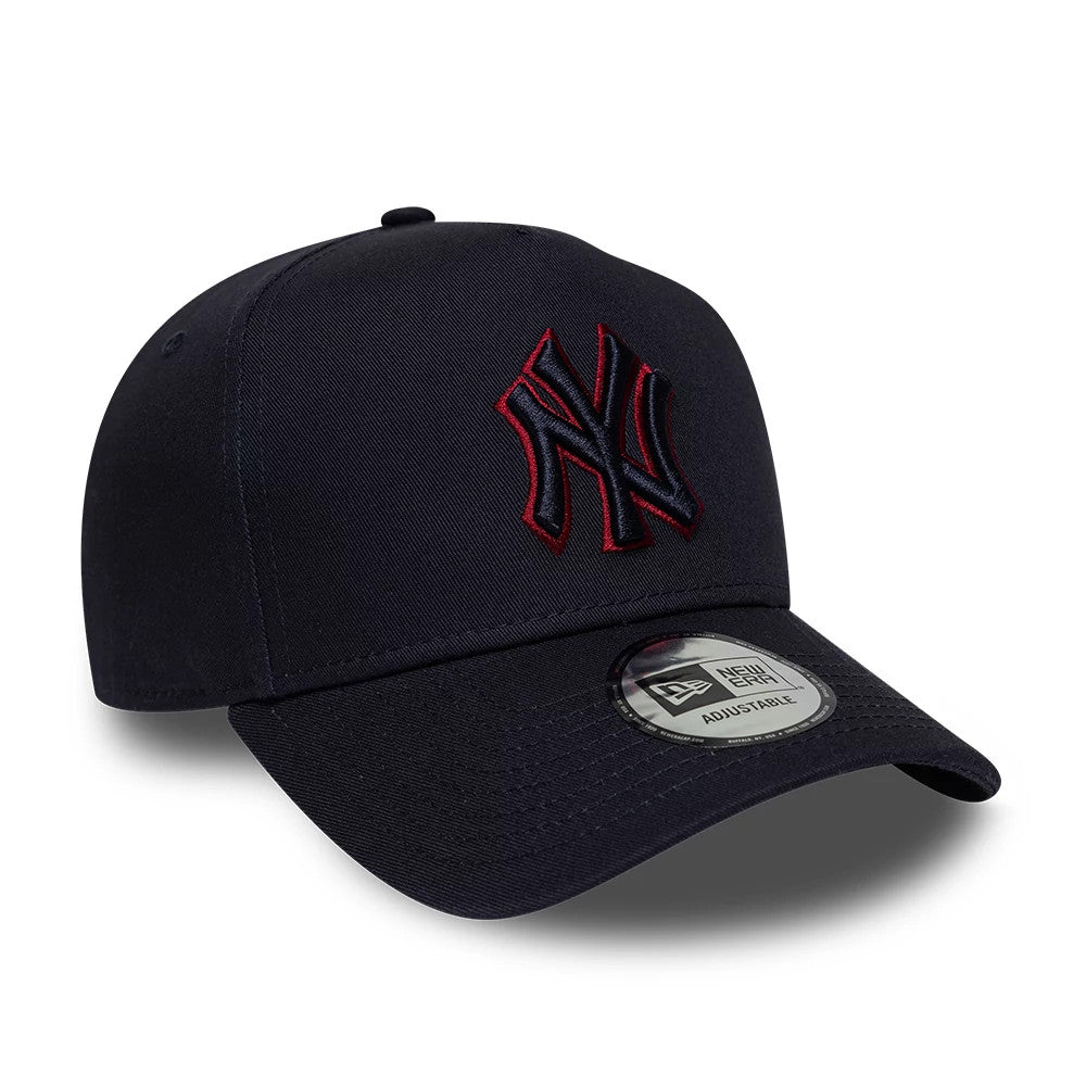 New York Yankees MLB Team Outline Navy New Era 9FORTY E-Frame Adjustable Cap, three-quarter view showing the navy crown with the raised navy and red embroidered Yankees logo on the front panel and a 9FORTY size sticker on the curved visor.