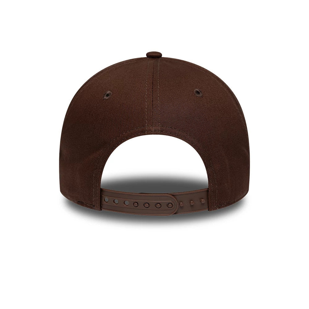 LA Dodgers MLB Team Outline Brown New Era 9FORTY E-Frame Adjustable Cap, rear view showing a plain brown back with embroidered eyelets, a top button, and an adjustable plastic strap with a series of holes for size adjustment.