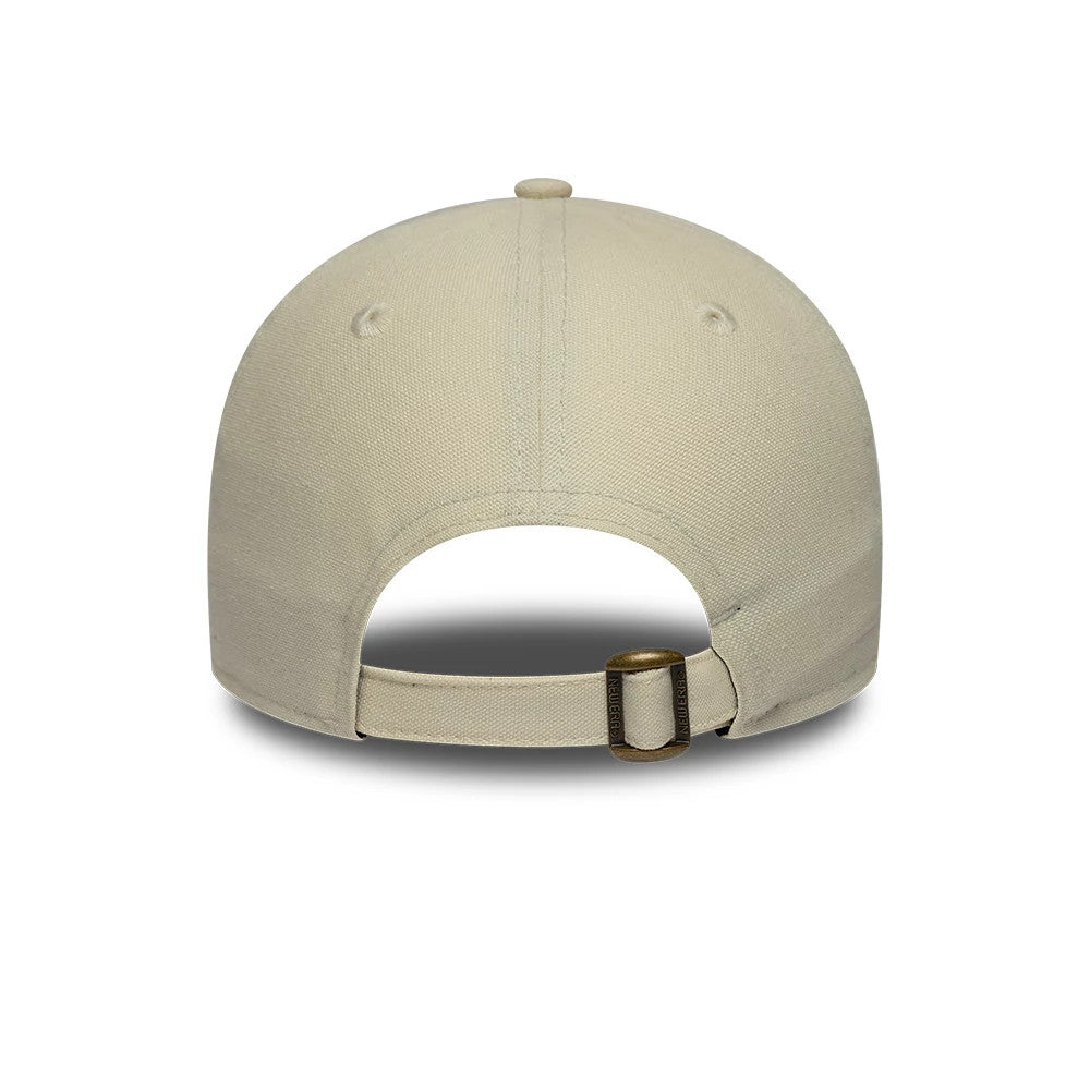 New Era New York Light Beige & Black 9FORTY M-Crown Adjustable Cap, rear view showing the bronze adjustable buckle strap on a light beige structured crown, with embroidered eyelets on each panel and logo details on the strap.