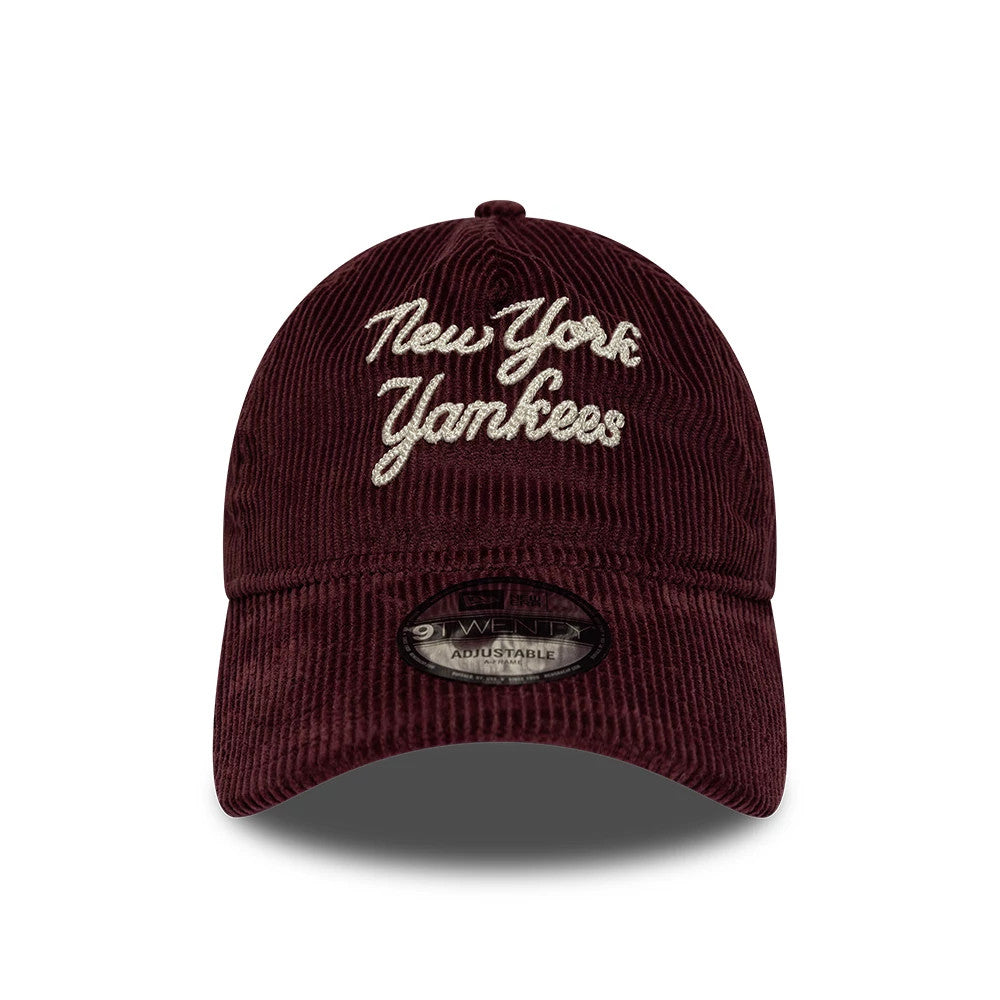 New York Yankees MLB Cord Script Burgundy New Era 9TWENTY A-Frame Adjustable Cap, front view showing the white embroidered script logo on the burgundy corduroy crown, with a pre-curved visor and the 9TWENTY size sticker on the front.