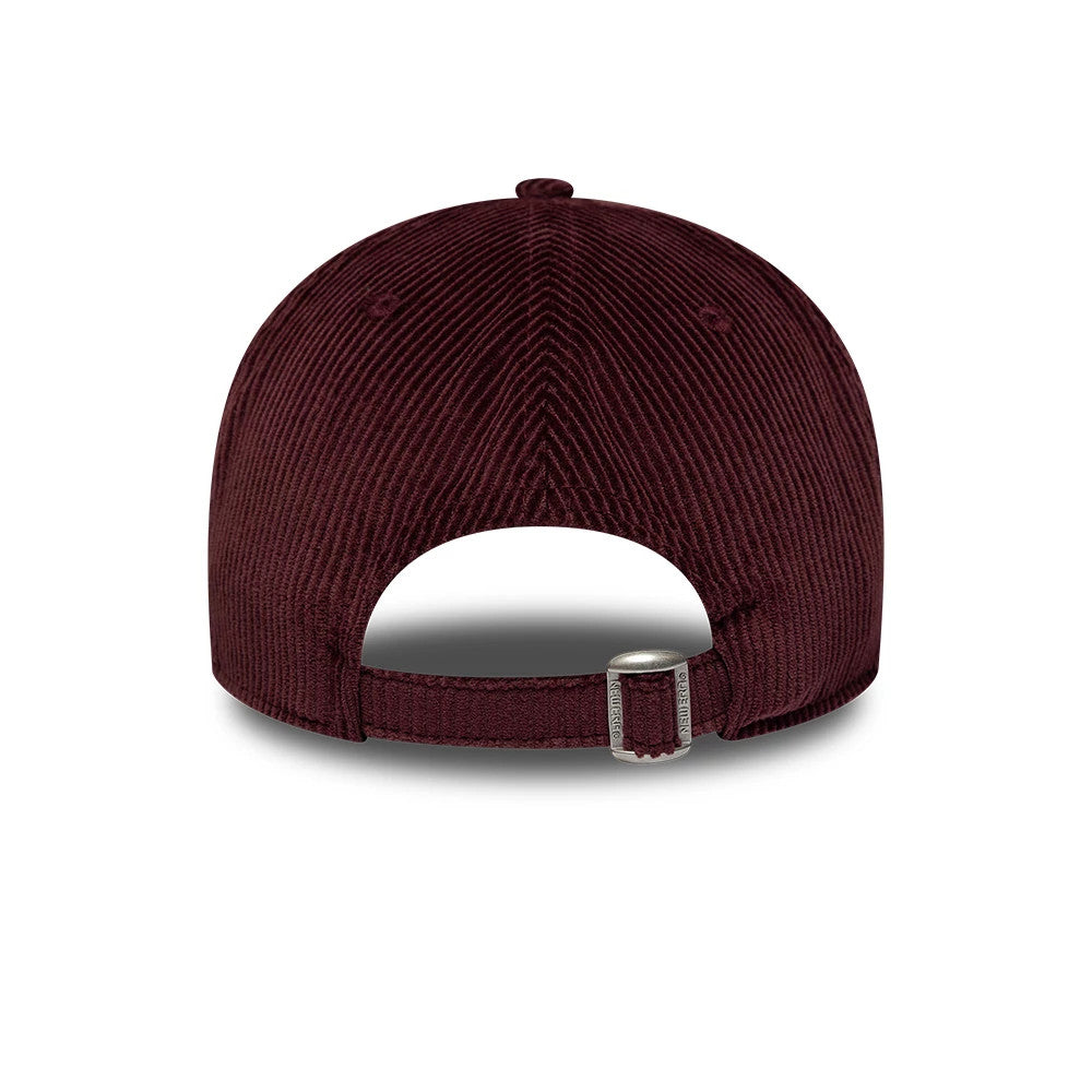 New York Yankees MLB Cord Script Burgundy New Era 9TWENTY A-Frame Adjustable Cap, rear view showing the unstructured burgundy corduroy crown, an opening with an adjustable strap and buckle, and embroidered eyelets on each back panel.