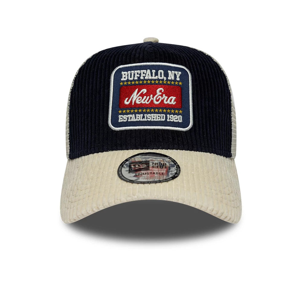 New Era Cord Visor Navy 9FORTY E-Frame Trucker Adjustable Cap, front view showing a large embroidered patch with Buffalo, NY and New Era Established 1920 text, on a navy cord crown and cream cord visor with a 9FORTY size sticker placed centrally.