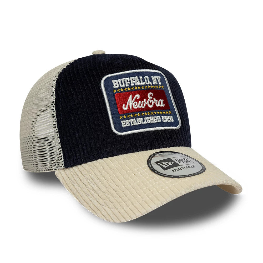 New Era Cord Visor Navy 9FORTY E-Frame Trucker Adjustable Cap, front view showing a embroidered Buffalo, NY New Era patch on the navy front panel, featuring a sand corduroy visor with a New Era adjustable size sticker.