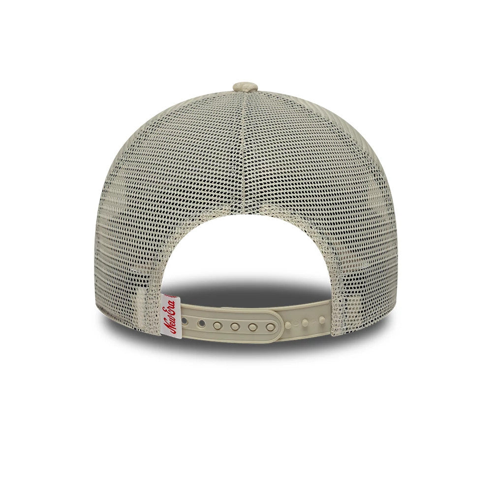 New Era Cord Visor Navy 9FORTY E-Frame Trucker Adjustable Cap, rear view showing the beige mesh back panels with an adjustable strap and a white tag featuring red New Era script to the right side.