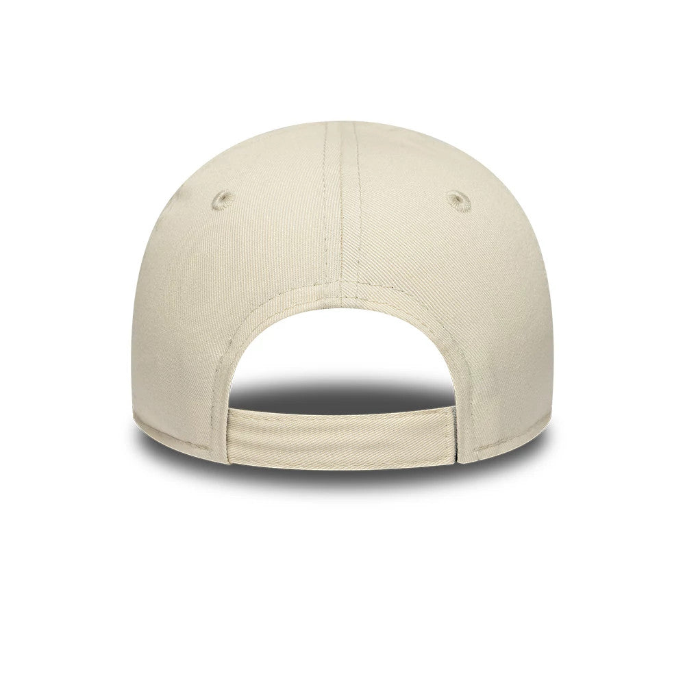Yankees Toddler MLB League Essential Light Beige New Era 9FORTY Adjustable Cap, rear view showing a clean back panel with an open adjuster section, stitched eyelets on top, and a light beige curved visor blending into the structured crown.