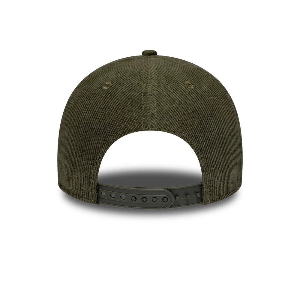 Chicago White Sox MLB Cord Green New Era 9FORTY Adjustable Cap, rear view showing the absence of the MLB Batterman logo, with an adjustable strap at the back and a structured green corduroy crown with evenly spaced eyelets.