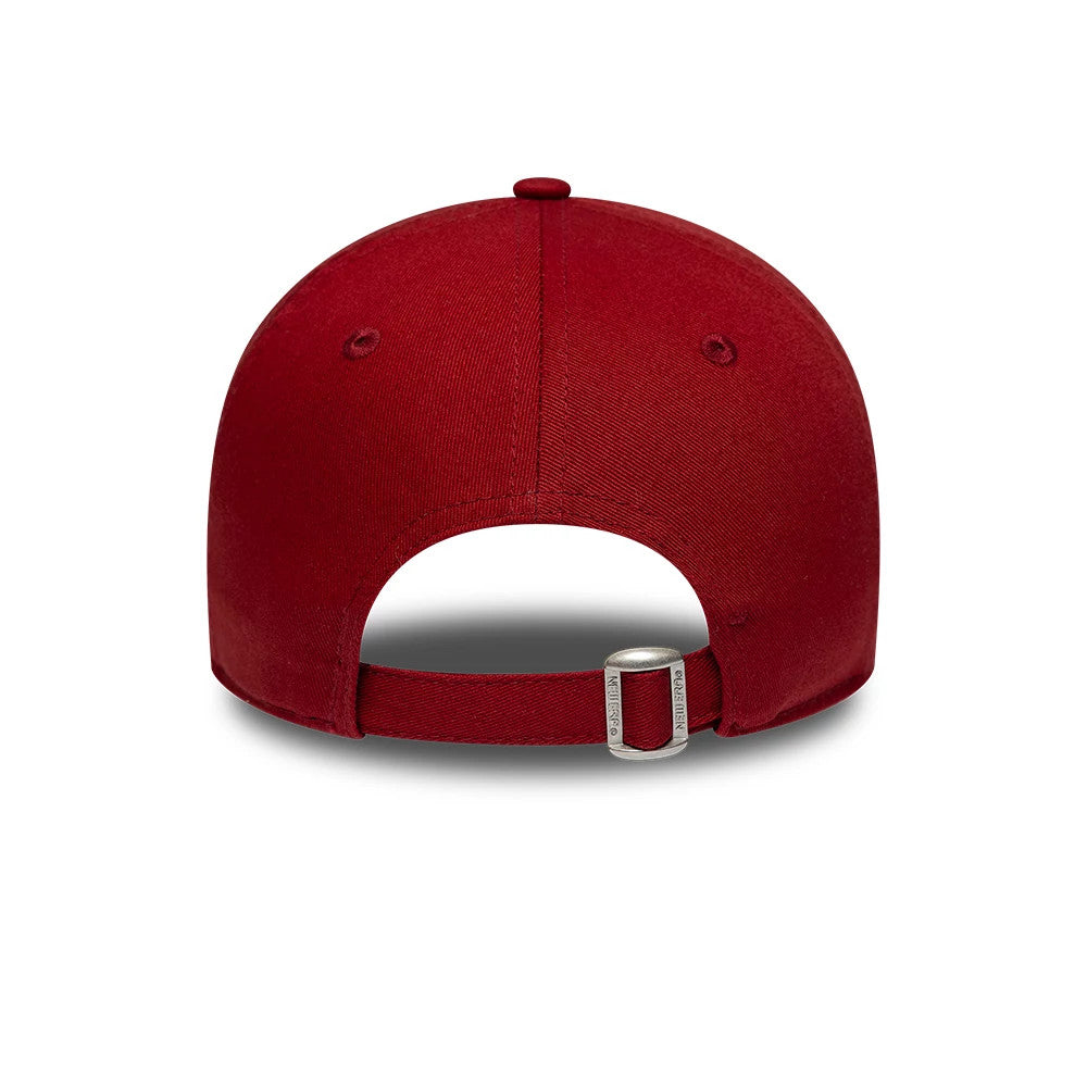 LA Dodgers MLB League Essential Dark Red New Era 9TWENTY Adjustable Cap, rear view showing a fabric strap with a buckle, unstructured crown with matching eyelets, and the cap's deep dark red colour highlighting the back panels.