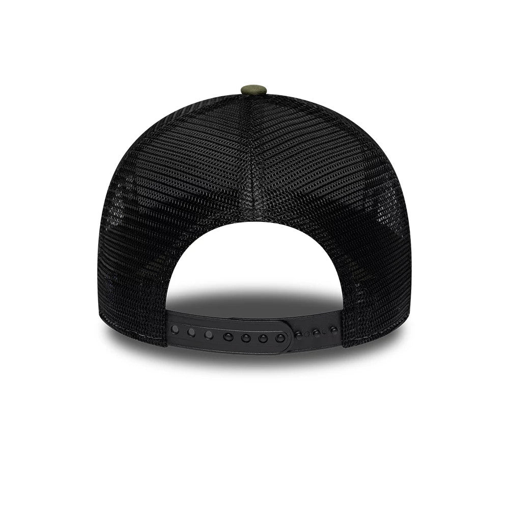 Yankees MLB League Essential Green New Era 9FORTY A-Frame Trucker Adjustable Cap, rear view showing the black mesh panels with a rounded shape, featuring a black adjustable snap closure and an olive green top button for contrast.